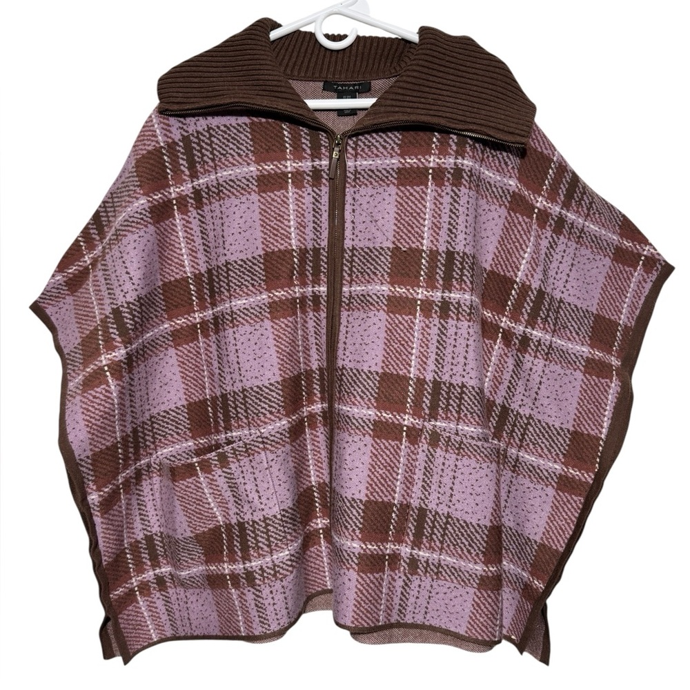 Tahari NWOT Purple Brown Plaid Shawl Collar Poncho Shrug Wrap Sweater Medium